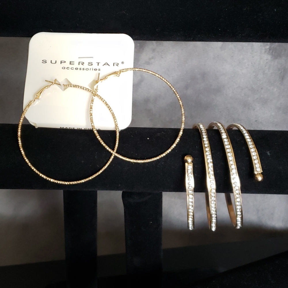 Rhinestone Hoop Earrings &Cuff Bracelet Set (Gold)